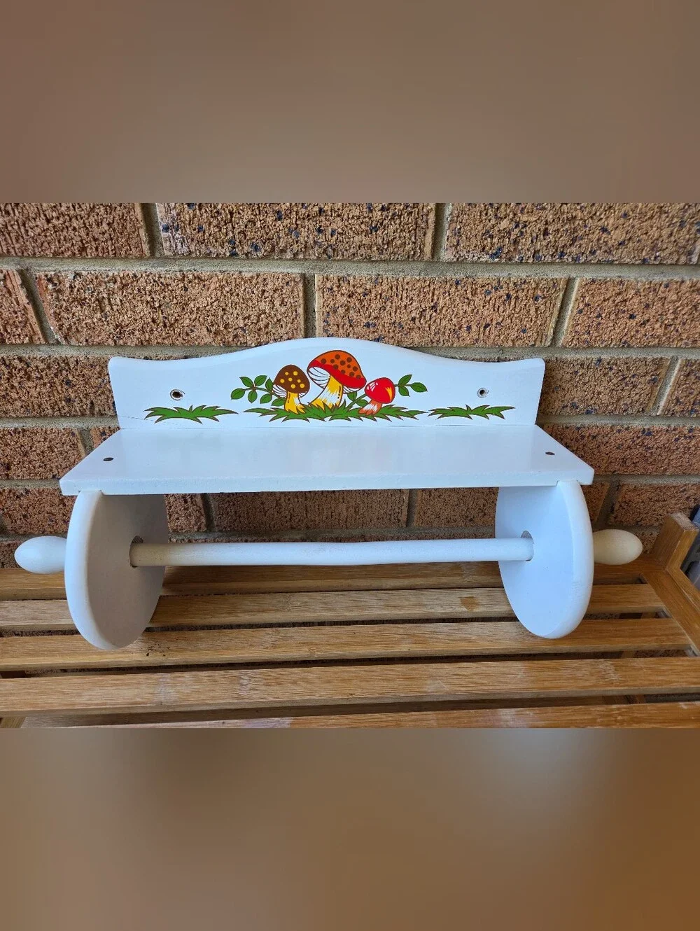 Vtg 1976 Sears Merry Mushroom Wooden Paper Towel Holder Wall Shelf Cottagecore